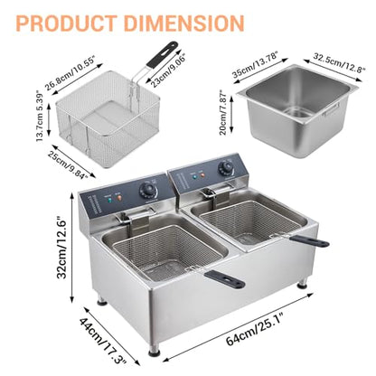 Commercial Electric Deep Fryer, 11L(11.55Qt) Double Removable Basket and Lid Stainless Steel Fast Heat Up Electric Countertop Fryer for Home and Commercial Restaurant Use, 304SS - size: 11L+11L 304