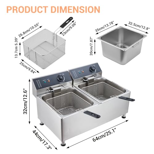 Commercial Electric Deep Fryer, 11L(11.55Qt) Double Removable Basket and Lid Stainless Steel Fast Heat Up Electric Countertop Fryer for Home and Commercial Restaurant Use, 201SS - size: 11L+11L 201