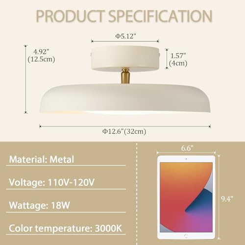 BISAMIYA Modern LED Ceiling Light, Brass Accent, 12.6 Inch Semi Flush Mount - color: Cream