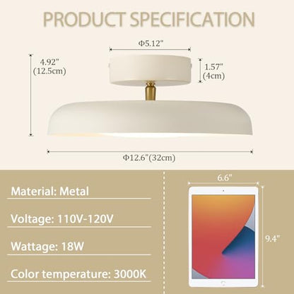 BISAMIYA Modern LED Ceiling Light, Brass Accent, 12.6 Inch Semi Flush Mount - color: Cream