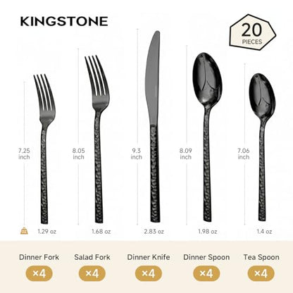 20 Piece Black Silverware Set,18/10 Stainless Steel Hammered Flatware for 4 - color: Black, size: 20-Piece