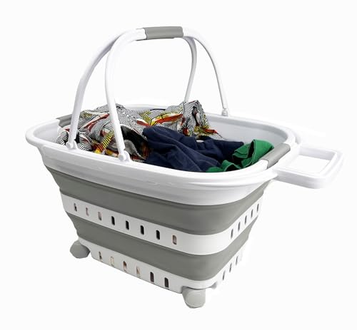 SAMMART 35L (9.24 Gallons) Collapsible Plastic Laundry Basket with Handle and Wheels - Foldable Pop Up Storage Container/Organizer with handle and wheels - Space Saving (1, White/Grey)