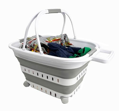 SAMMART 35L (9.24 Gallons) Collapsible Plastic Laundry Basket with Handle and Wheels - Foldable Pop Up Storage Container/Organizer with handle and wheels - Space Saving (1, White/Grey)