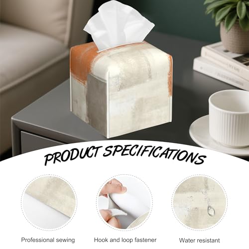 Beige and Orange Abstract Art Tissue Box Cover Square,Tissue Box Holder with Belt Bottom,Stylish Leather Napkin Holder for Vanity Countertop,Nightstands,Office Desk,5.2"×5.2"×5.2" - color: Beige and Orange Abstract Art