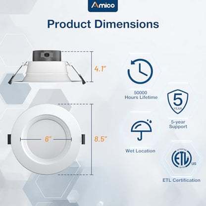 Amico 6 Inch Commercial LED Recessed Downlight, 12W/17W/22W Adjustable