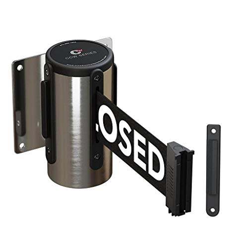 Crowd Control Warehouse WMB-120 Fixed Wall Mount Retractable Belt Barrier - color: Black: "THIS LINE IS CLOSED"