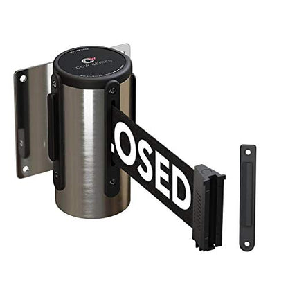 Crowd Control Warehouse WMB-120 Fixed Wall Mount Retractable Belt Barrier - color: Black: "THIS LINE IS CLOSED"