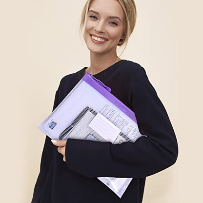 Wisdompro Zipper Pouch, 4 Pack Waterproof Mesh File Bag, Document Organizer - color: Blue/Purple