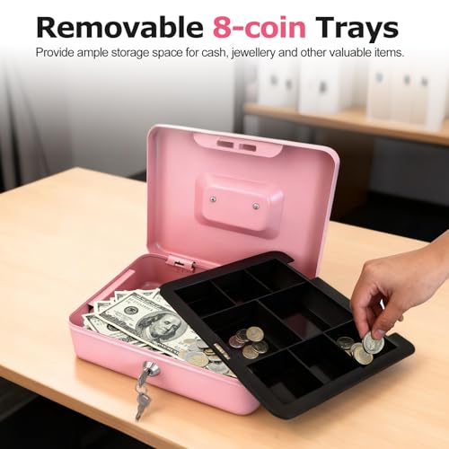 8" Cash Box with Money Tray, Pink, Medium - color: Pink, size: Medium