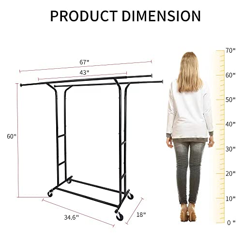 Fishat Black 60" H Heavy Duty Double Rod Rolling Clothes Garment Rack - color: Black