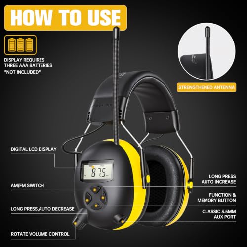 AM/FM Radio Headphones for Mowing, NRR 30dB Hearing Protection - color: Black-Yellow