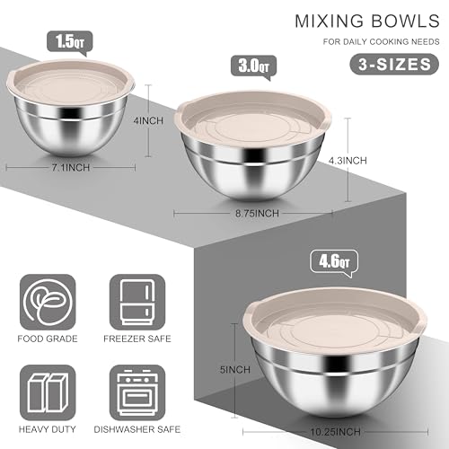 HaWare Mixing Bowls with Airtight Lids, 6-Piece Stainless Steel Salad Bowls - color: Khaki, size: Airtight Lids