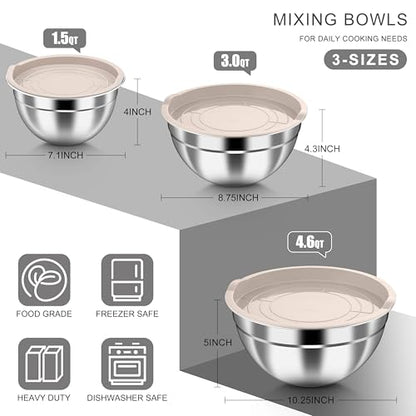 HaWare Mixing Bowls with Airtight Lids, 6-Piece Stainless Steel Salad Bowls - color: Khaki, size: Airtight Lids