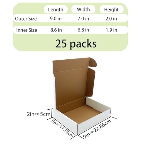 White Shipping Boxes 9x7x2 inch 25 Pack,Corrugated Mailers for E-Commerce - color: White, size: 9 x 7 x 2 Inches -WT -25P