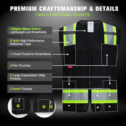 ProtectX High Visibility ANSI Class 2 Safety Vest with 7 Pockets - color: Black, size: Large