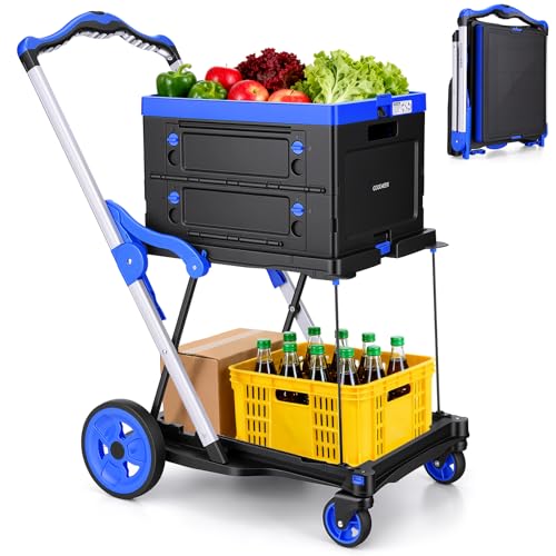 Collapsible Shopping Cart with Crate, Heavy Duty 200lbs Folding Cart，Blue - color: Blue