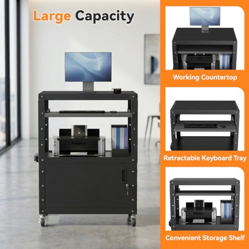 Mobile AV Cart, Adjustable Height Rolling Computer Cart with Pullout Keyboard Tray – Locking Cabinet, 3 Outlets & 2 USB Ports, Lock Brake Casters–Media Utility Cart on Wheels for Home/Office - size: Style 1 18"D x 24"W x 43.3"H