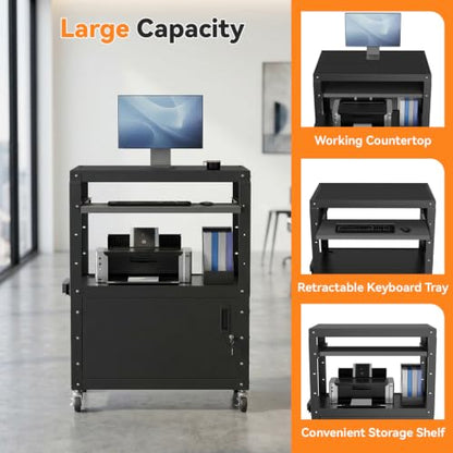 Mobile AV Cart, Adjustable Height Rolling Computer Cart with Pullout Keyboard Tray – Locking Cabinet, 3 Outlets & 2 USB Ports, Lock Brake Casters–Media Utility Cart on Wheels for Home/Office - size: Style 1 18"D x 24"W x 43.3"H