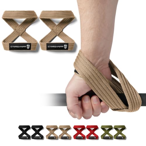 Gymreapers Figure 8 Lifting Straps For Deadlift, Powerlifting, Strongman, & Cross Training Strong Weightlifting Wrist Straps For Men, Women - color: Khaki, size: Large