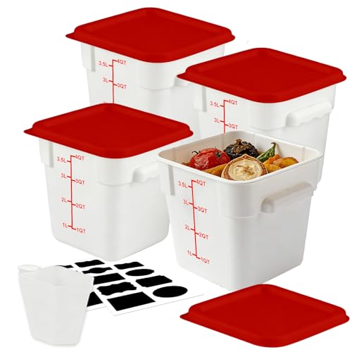 Square Food Containers with Lids 4-Pack, Commercial Grade Plastic Bins for Restaurant Kitchen Pantry Storage, Freezer & Dishwasher Safe (Red, 4QT-4PACK) - size: 4QT-4PACK