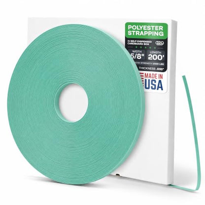 IDL Packaging 5/8" x .035" x 200' Mini Polyester (PET) Strapping Coil, 1400 lbs Breaking Strength, Green - UV, Water and Rust Resistance - Flexible and Strong Packaging Banding - Reduced Handling Cost - size: 5/8W" x 200L' (1400 lbs BS)