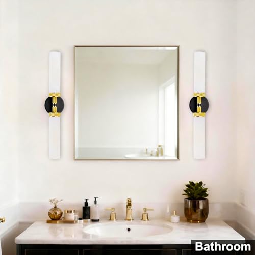 LaLuLa Black and Gold Vanity Light Fixtures – Modern Hardwired Wall Sconces with Milk Glass Shades, Textured Metal Bathroom Lighting for Over Mirror or Hallway, 25" Height - color: White Glass-Black&Gold, size: 1 Pack