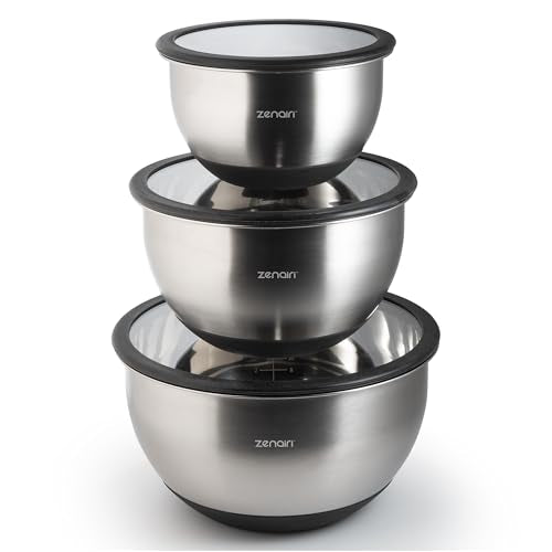 Stainless Steel Mixing Bowls with Glass Lids, Premium 3-Pc Plastic-Free Set