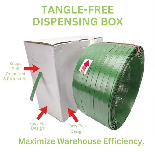Heavy Duty Green PET Strapping Roll – Polyester Packaging Banding Coil 5/8" x 1000' x 0.035", 1400 lbs Break Strength Pallet Strap, Impact Resistant Plastic Strapping with Self-Dispensing Box - size: 1000 FT Roll