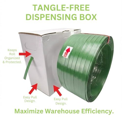 Heavy Duty Green PET Strapping Roll – Polyester Packaging Banding Coil 5/8" x 1000' x 0.035", 1400 lbs Break Strength Pallet Strap, Impact Resistant Plastic Strapping with Self-Dispensing Box - size: 1000 FT Roll