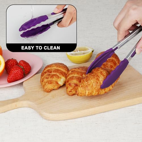 HOTEC Small Silicone Kitchen Tongs 7-Inch Mini Serving Tongs, Set of 3 - color: Purple