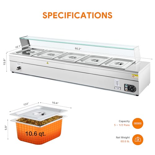 WILPREP 5-Pan Commercial Food Warmer with Sneeze Guard, Five 1/2 Pans, 1500W Countertop Electric Steam Table, 86-185°F Adjustable Temp Control, Stainless Steel Buffet Bain Marie - size: 1/2 pan*5
