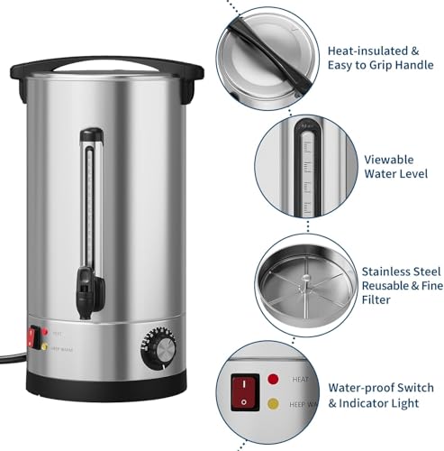 70 Cup Commercial Coffee Urn,10l / 2.6Gal Double Wall Insulation Coffee Dispenser,Stainless Steel Large Hot Beverage & Water Dispenser with Automatic Temperature Control for Buffets - color: Silver, size: 70 Cups/10L