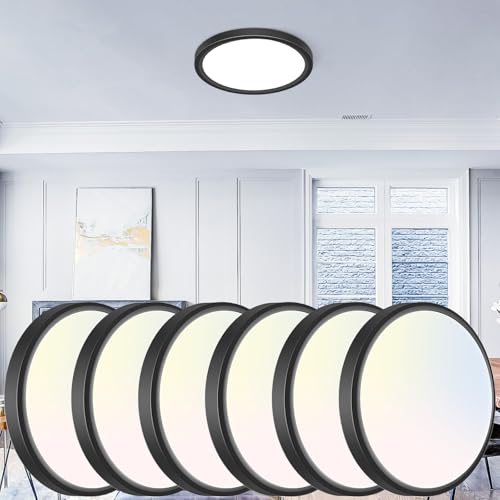 libtit 7 inch Flush Mount LED Ceiling Light Fixture, 3000K-6500K Adjustable, 15W 1500lm Black Satin Round Ceiling Lamp for Bathroom Hallway Kitchen Bedroom, 6 Pack - color: Black, size: 7in-6Pack