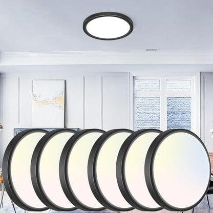 libtit 7 inch Flush Mount LED Ceiling Light Fixture, 3000K-6500K Adjustable, 15W 1500lm Black Satin Round Ceiling Lamp for Bathroom Hallway Kitchen Bedroom, 6 Pack - color: Black, size: 7in-6Pack
