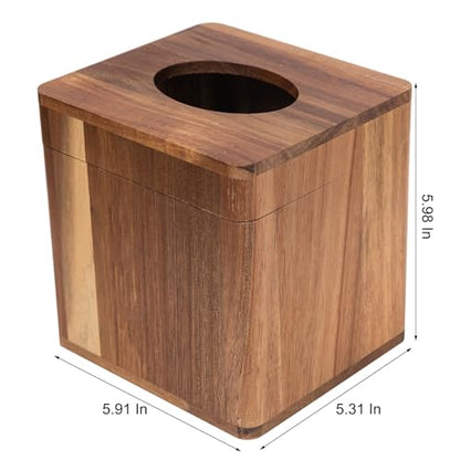Rustic Brown Wood Standard Square Facial Tissue Paper Dispenser Napkin Box Holder Hinged Metal Magnetic Wooden Lid Kitchen Organizer Rounded Corners Quick Refill Office Home Farmhouse