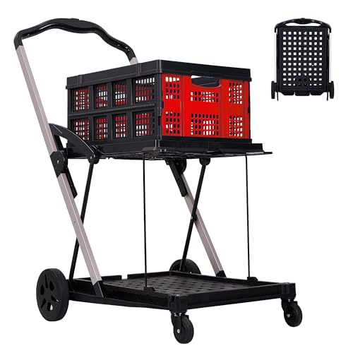 2 Tier Folding Shopping Carts for Groceries, 198 LB Capacity, Collapsible Portable Grocery Cart with Wheels & Removable Crate, Lightweight Foldable Shopping Trolley for Mall Market, Red - color: Red