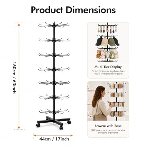 7-Tier Heavy Duty Rotating Display Rack with Wheels, Metal Floor Spinner Stand for Retail Store, Adjustable Keychain & Jewelry Display Shelves for Craft Fair & Showroom