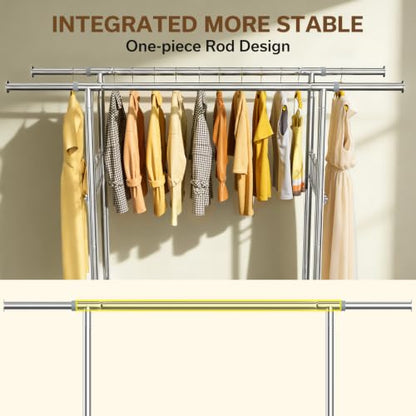 100% Stainless Steel Heavy Duty Clothes Rack Load 960LBS, Double Rod Clothing Rack for Hanging Clothes with Reinforced Rubber Rings, Extendable Rolling Garment Racks W/ Portable Wheel & Sturdy Shelves - color: Silver, style: 2 Double Bar