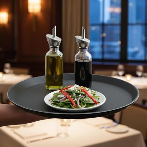 TrueCraftware- 14" Round Serving Tray Fiberglass Black Set of 2- Non Slip Surface Service Trays Round Tray Plastic Food Meals Server Tray for Home Kitchen Restaurant Cafeteria Bar Hotel - color: Black, size: 14" Round