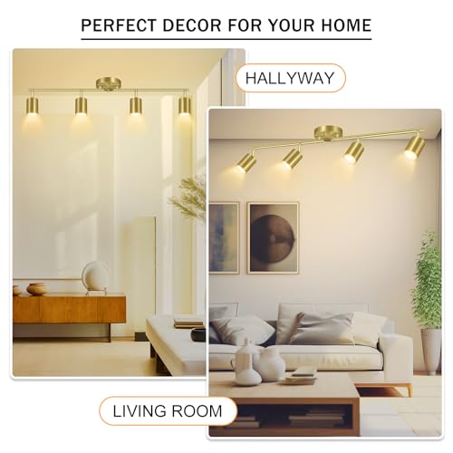 BoostArea Gold LED 4 Light Track Lighting Kit, 4 Way Ceiling Spot Lighting, Flexibly Rotatable Light Head for Kitchen, Living Room, Bedroom, Bulb Not Included - color: Gold