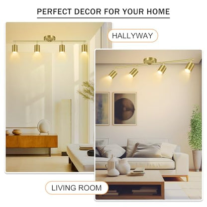 BoostArea Gold LED 4 Light Track Lighting Kit, 4 Way Ceiling Spot Lighting, Flexibly Rotatable Light Head for Kitchen, Living Room, Bedroom, Bulb Not Included - color: Gold