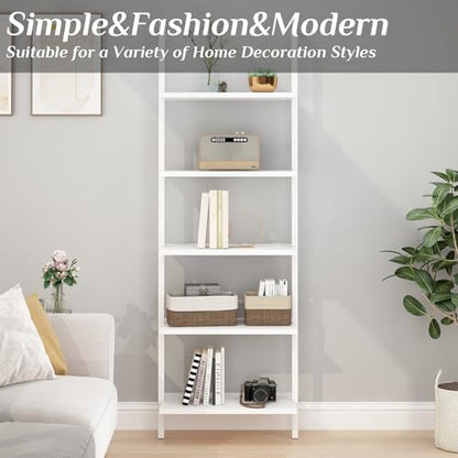 Karl home White 5 Tier Wall Mount Ladder Shelf, Metal Frame Bookcase - color: White