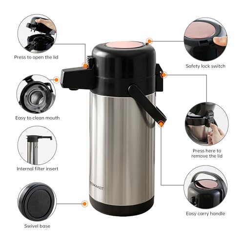 TOMAKEIT Airpot Coffee Dispenser with Pump,102 OZ/ 3L Large Coffee Dispenser with Tea Filter for Party Hot Drinks Water Tea Chocolate Hot/Cold Water, Insulated Stainless Steel Thermal Carafes