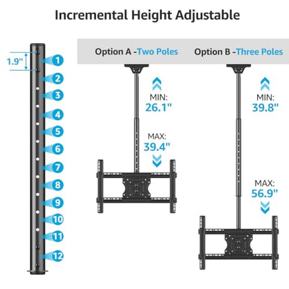 MOUNTUP Ceiling TV Mount for 40-75 Inch Flat Curved TVs, 360° Rotation Heavy Duty Articulating Pole with 99 lbs Capacity, Max VESA 600x400mm, Adjustable Height Ceiling Mount for Restaurant/Office - size: Height 60.6'', Indoor
