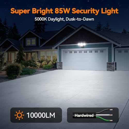 85W 10000LM Switch Controlled Outdoor Flood Lights, 4-Head Super Bright LED Security Light, 5000K Daylight, IP65 Waterproof Hardwired Exterior Light for Outside Garage Yard (Black) - color: Black