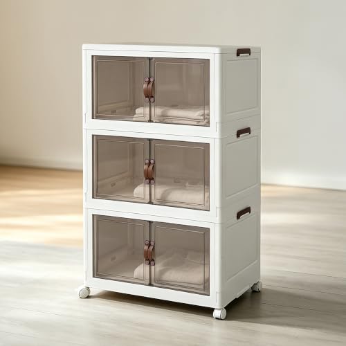 213.9QT Collapsible Stackable Storage Bins, Magnetic Doors with Lockable Wheels, Foldable Plastic Organizer Cubes, 3 Pack for Bedroom Kitchen Dorm Office Garage - size: 3PACK-23.62"W14.02"D40.16"H