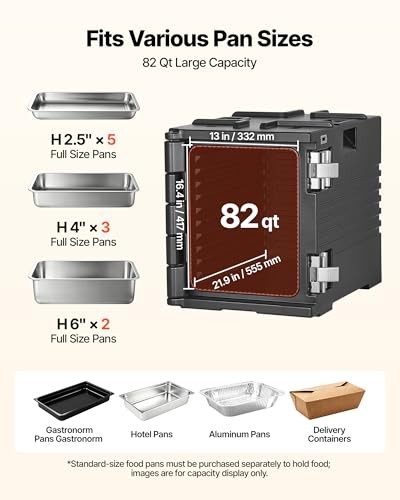 VEVOR Insulated Food Pan Carrier, 82 Qt Non-Electrical Food Warmer, with Wheel & 304 Stainless Steel Latch, LLDPE Stackable Hot Box, for Various Pan Sizes(NOT Included), Fit Catering BBQ Event(Black) - size: 82QT