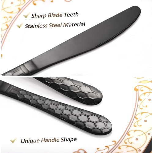 30 Pcs Black Hammered Silverware Set Service for 6,with Steak Knives Stainless Steel Flatware Set,Mirror Cutlery Utensil,Durable Kitchen Tableware,Ripple Teardrop Fork Knife Spoon,Dishwasher Safe - color: 12SLF-30pc/Steak Knives-Black