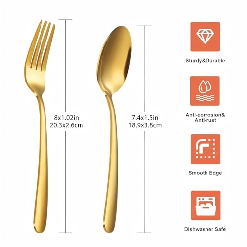 Unokit 24-Piece Spoons and Forks Set Silverware Set - Forks and Spoons Stainless Steel Silverware for Home, Kitchen and Restaurant, 12-Fork and 12-Spoon, Mirror Polished & Dishwasher Safe, Gold - size: gold forks and spoons 24 piece