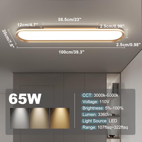 ADISUN Modern LED Ceiling Light Dimmable Linear Ceiling Light 39.4in Semi Flush Mount Long Lights with Remote Control and Side Lighting for Living Room Kitchen Dining Room Gold - color: Gold-1Pack, size: 39 Inch